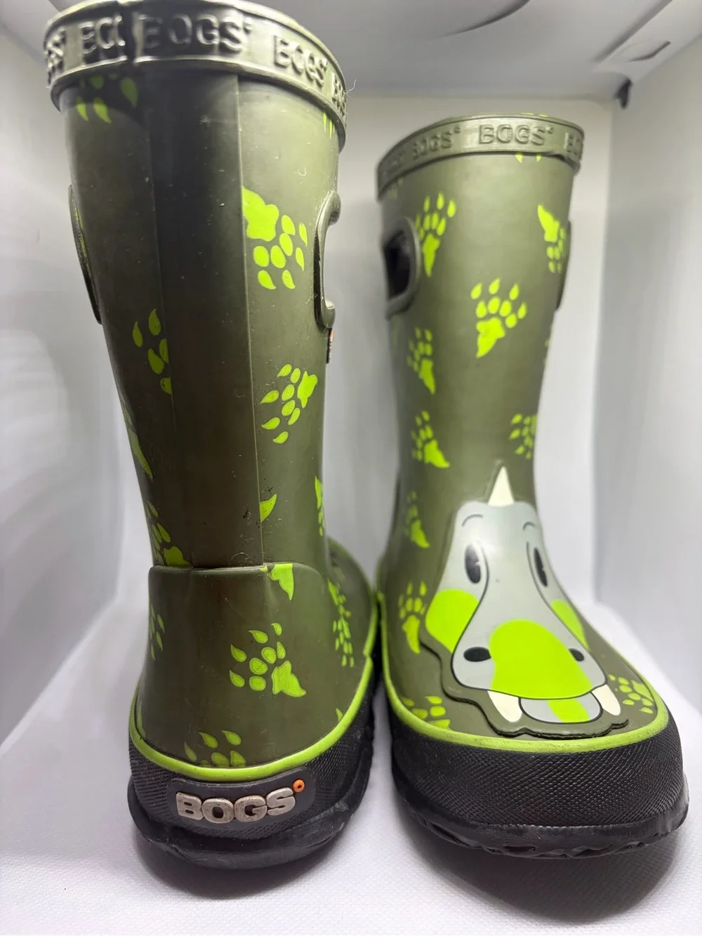 Bogs Kids Olive Green & Neon Yellow Dino Rain Boots